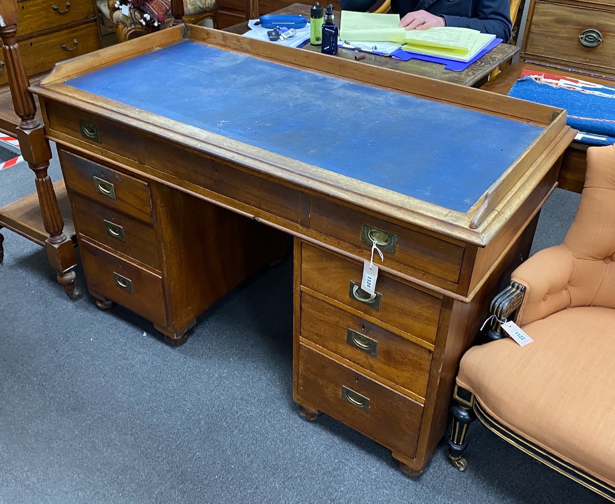 A Victorian mahogany pedestal desk, length 187cm, depth 60cm, height 80cm